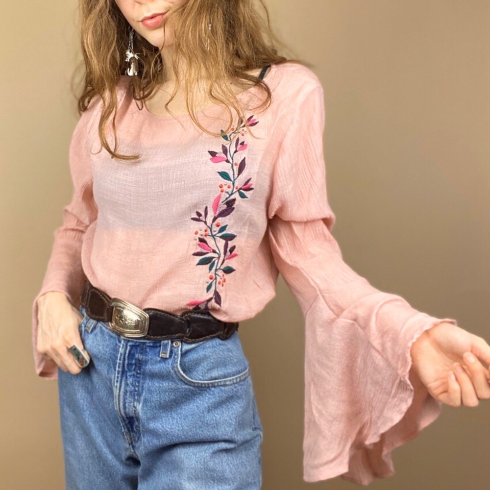 Light Pink Flare - Bell Sleeve Embroidery Top - Picture 2 of 4